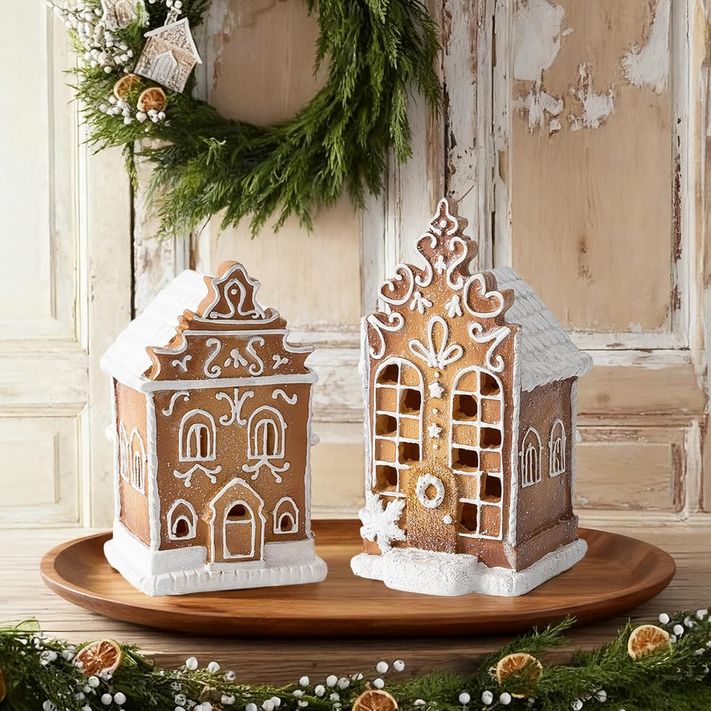 Skiennix Christmas Gingerbread Village House Figurines - Pre-Lit LED Table Decor | 2-Piece Set