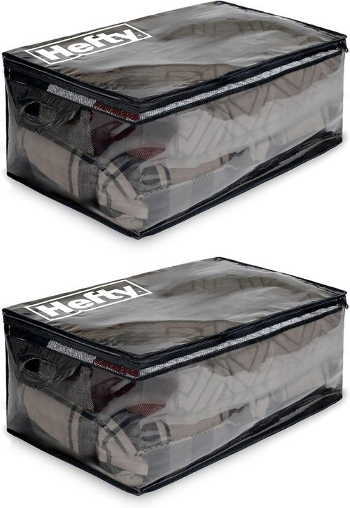 Hefty Extra Large Storage Bags - Heavy Duty Water Resistant Moving Totes with Shoulder Straps | 2 Pack (Black)