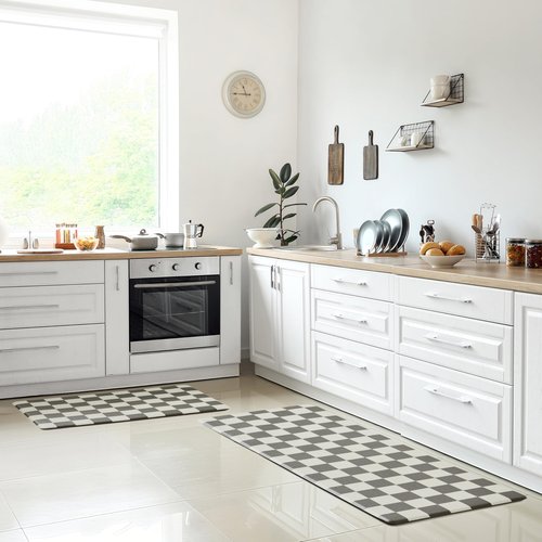 Ohocut Checkered Kitchen Mats for Floor Set of 2, 2 Pcs Black White Cushioned Non Slip Runner Rugs for Kitchen/Sink/Laundry, Comfort Aesthetic Cute Anti-Fatigue Foam Floor Mat 17.3"x29.5"+17.3"x47.2"