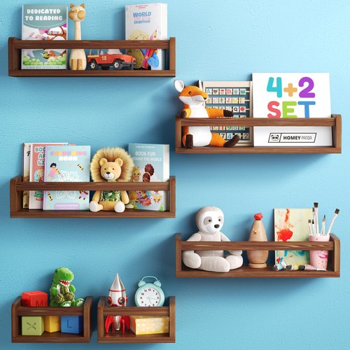 HOMEY PANDA Wall-Mounted Nursery Bookshelves - 4 Long + 2 Mini Shelves, Kids Room Storage (Walnut Pine Wood)