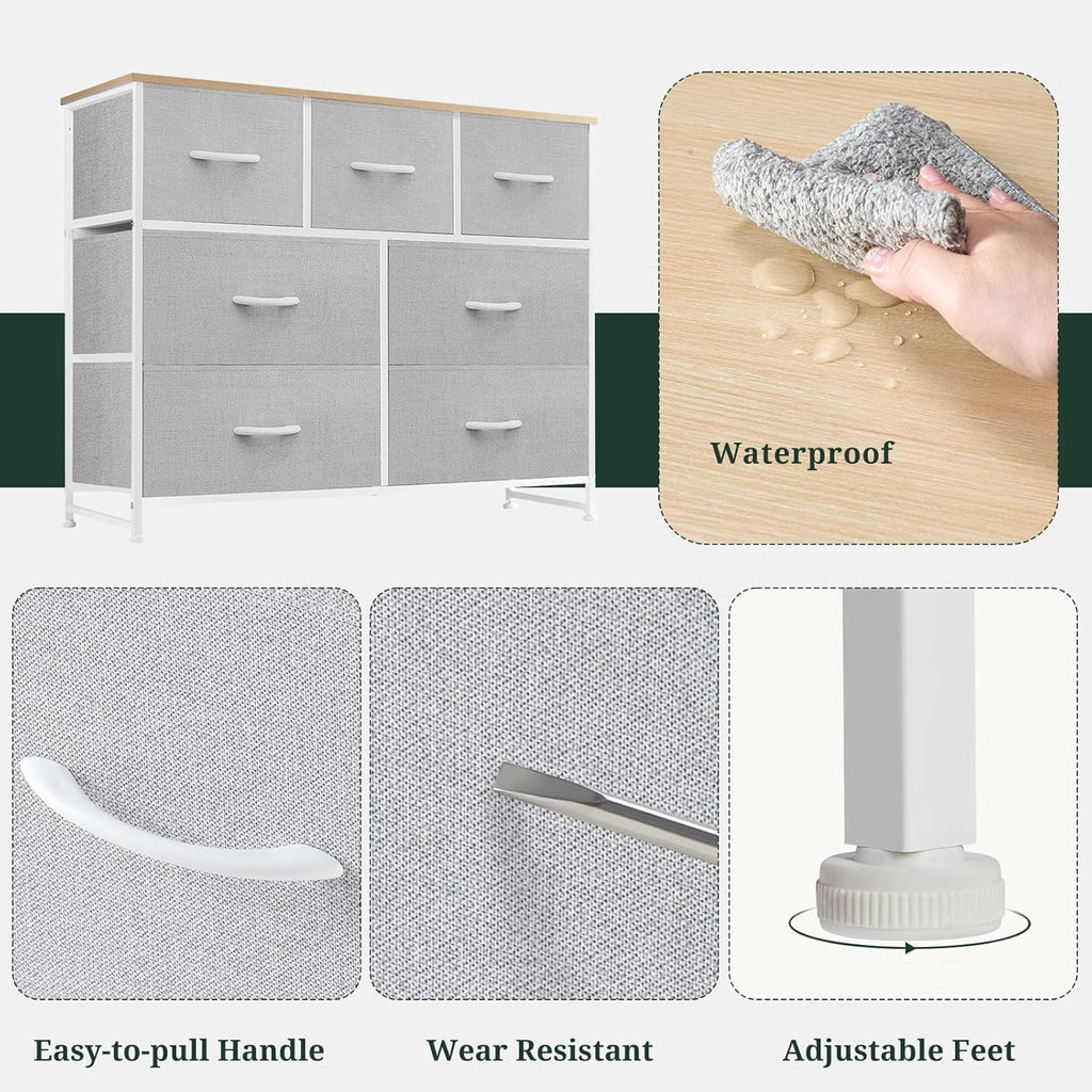 Skiennix 7-Drawer Dresser - Anti-Tip Fabric Storage Organizer with Wooden Top | Light Gray Finish