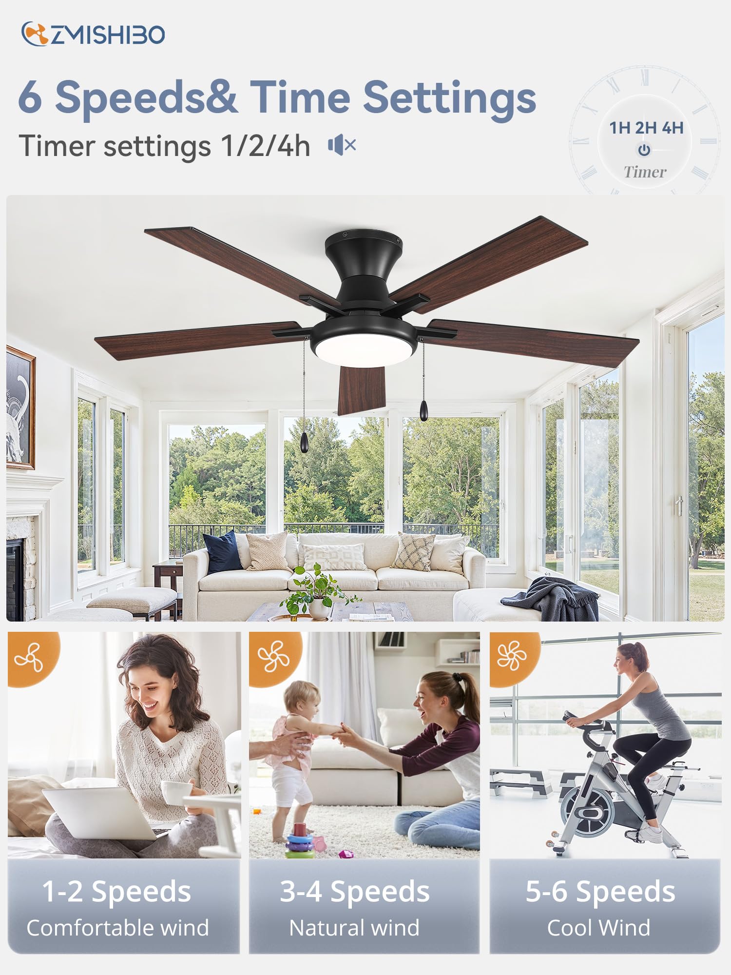 ZMISHIBO 52inch Ceiling Fans with Lights, Low Profile Ceiling Fan with Pull Chain and Remote Control, Flush Mount, Reversible, Dimmable, Noiseless, Black Pull Cord Ceiling Fan for Bedroom