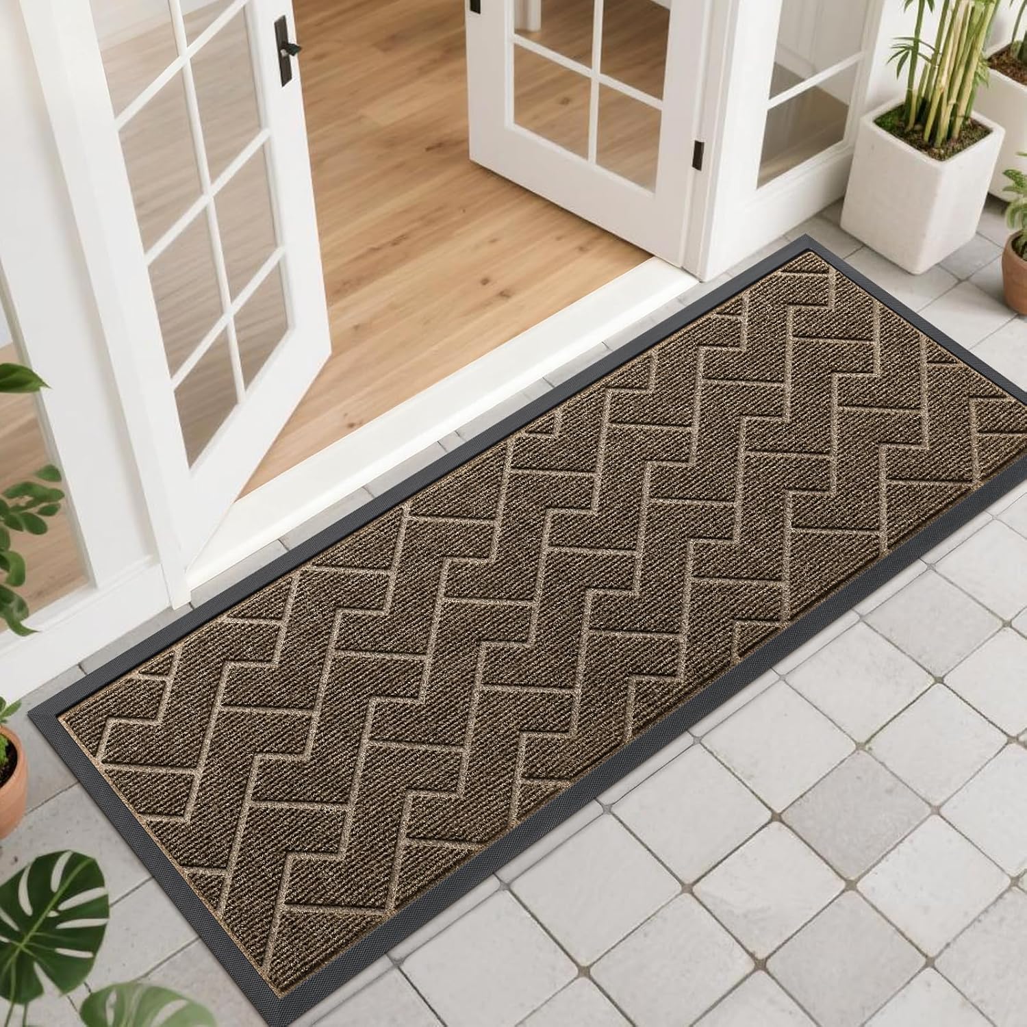 OLANLY Front Door Mat - Waterproof All-Season Doormat | Sturdy Natural Rubber, Herringbone Brick (Brown, 47x17)