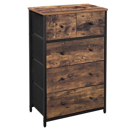 SONGMICS Drawer Dresser, Storage Dresser Tower with 5 Fabric Drawers, Wooden Front and Top, Industrial Style Dresser Unit, for Living Room, Hallway, Nursery, Brown and Black ULGS45H