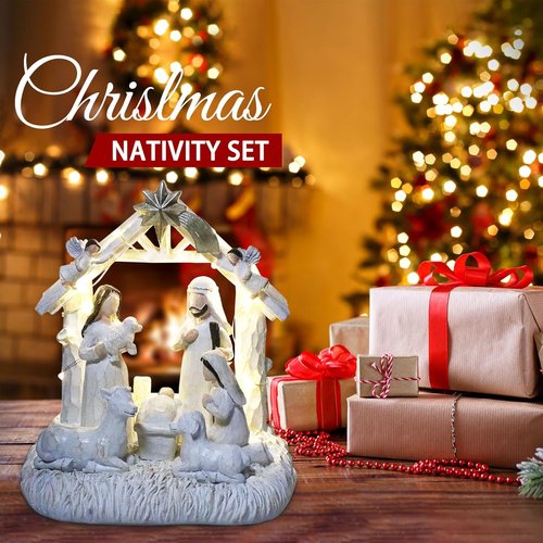 Nativity Set with LED Lights - Christmas Nativity Scene & Manger for Festive Table Decoration