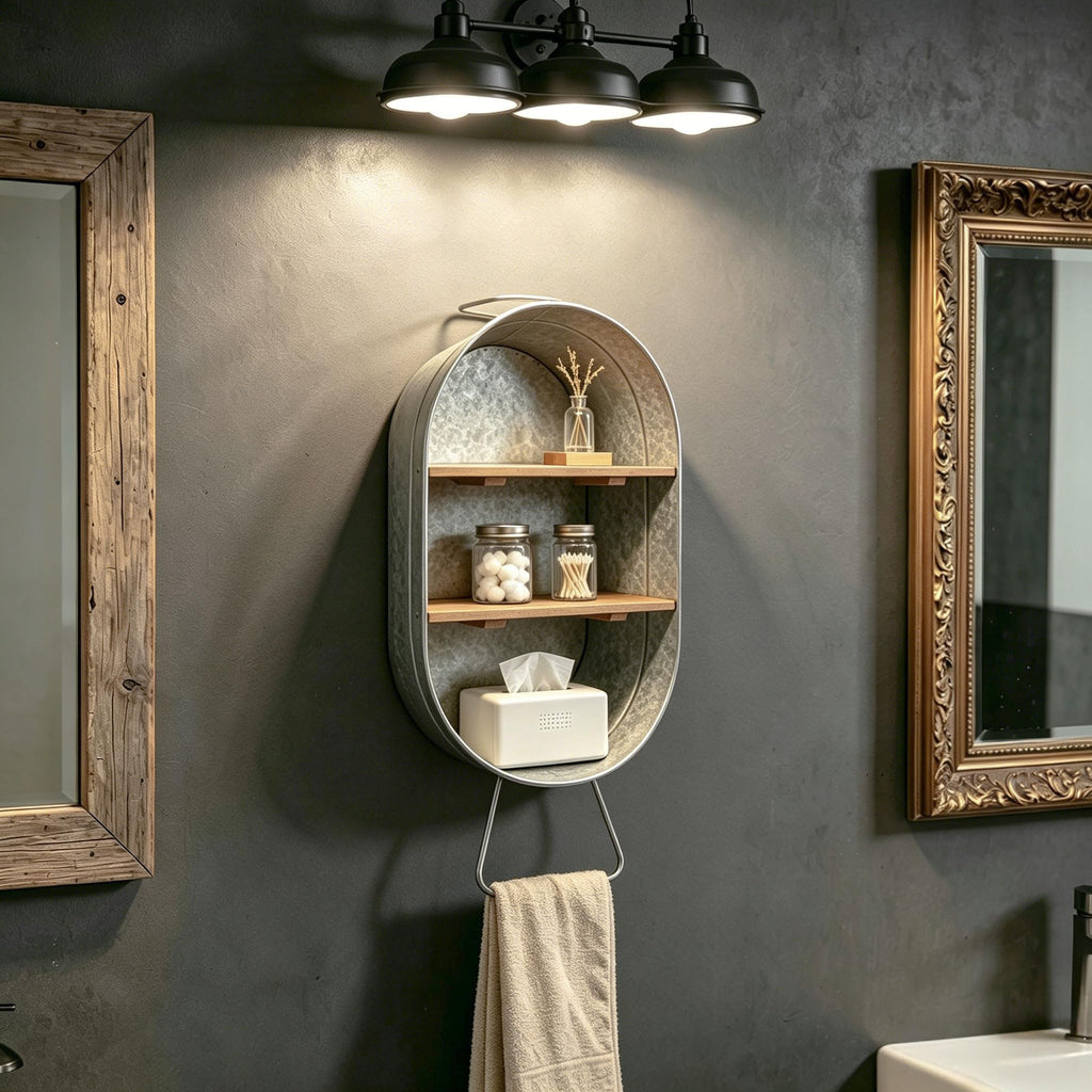 SOFE Galvanized Metal Wash Tub with Shelf, Small Oval Wall Shelf Country Bathroom Decor, 2 Tier Display Shelf Wall Mounted, Farmhouse Laundry, Floating Shelves Bathroom, Living Room