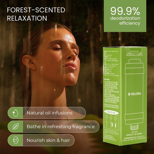 VELORA Vitamin C Shower Filter - Forest-Scented Aromatherapy Shower Water Filter and Softener - Universal Showerhead Bathroom Attachment - Replenish Dry Skin, Soften and Nourish Hair