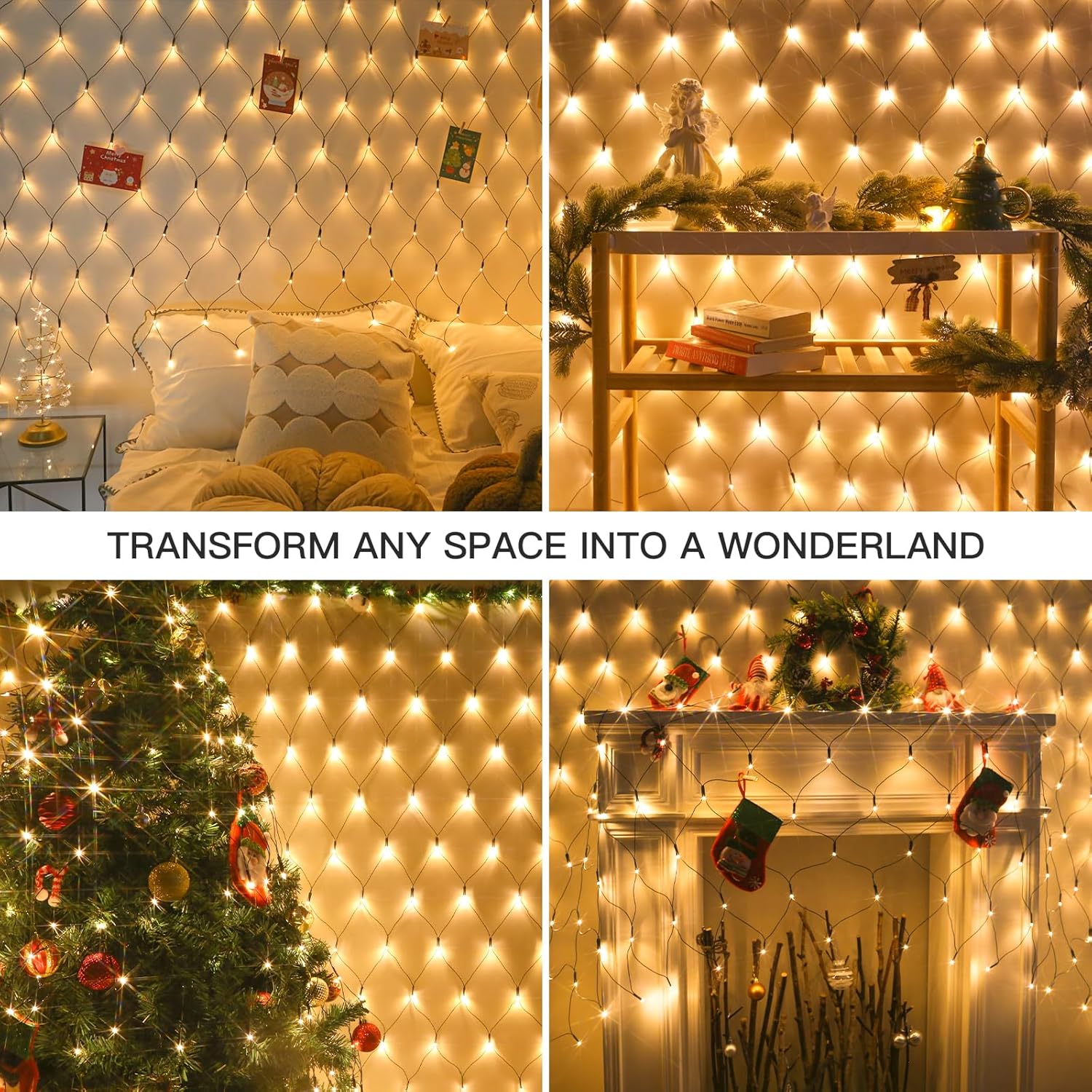 Suddus 360 LED Christmas Net Lights - Waterproof Connectable Green Wire | 12ft x 5ft Warm White Bush Lights