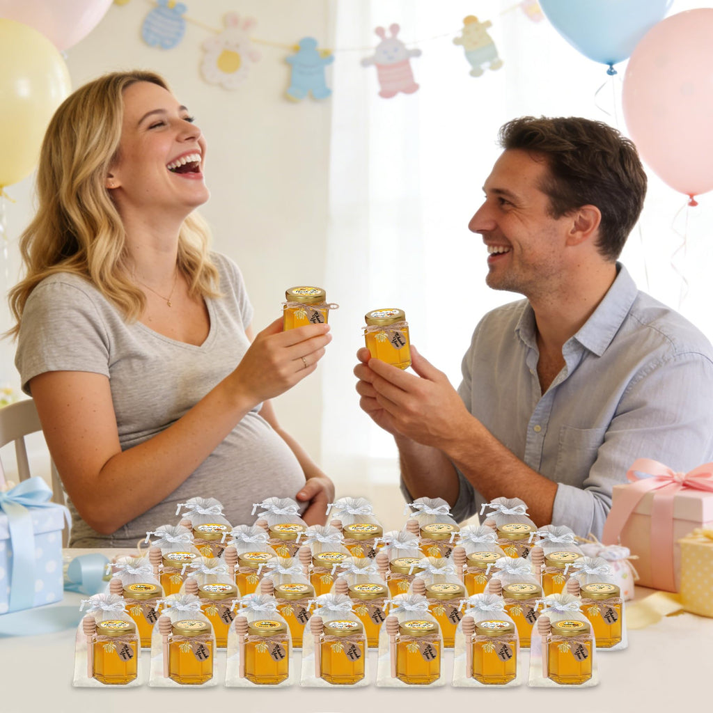 Aliggbent 70 Pack Small Honey Jars for Party Favors in Bulk, 3 oz Mini Hexagon Glass Honey Jars with Dippers, Lids, Cute Stickers, Bee Charms, Gift Bags and Jute for Baby Showers, Weddings, Birthdays