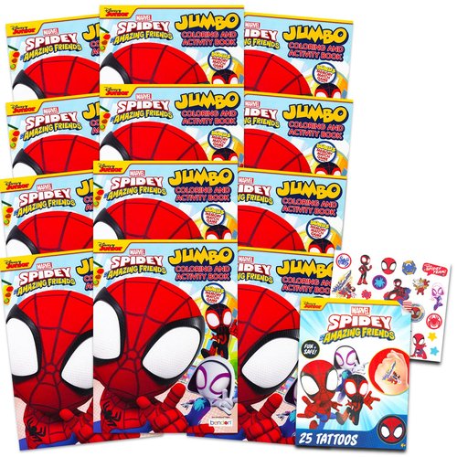 Spidey and His Amazing Friends Coloring Books Bulk - Spiderman Party Supplies Bundle with 12 Jumbo Spidey Activity Books with Coloring Pages, Activities, More Plus Tattoos | Spidey Party Favors Bulk