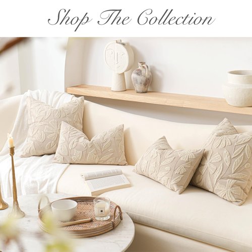 BlissBlush 12x20 Lumbar Pillow Cover, Rectangular Neutral Beige Decorative Throw Pillowcase for Couch Sofa, Embroidered Velvet Farmhouse Accent Cushion (Cover Only)