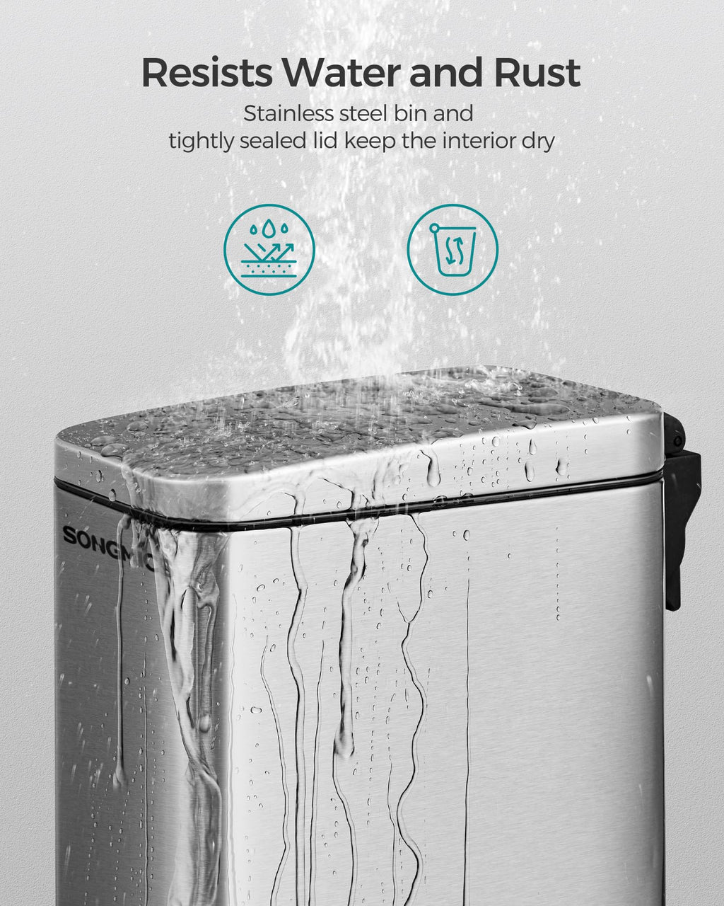 SONGMICS Bathroom Trash Can, 1.3 Gallon (5 L) Small Trash Bin with Lid, Slim for Small Spaces, Stainless Steel Garbage Can, Soft Close, Silver ULTB560E05