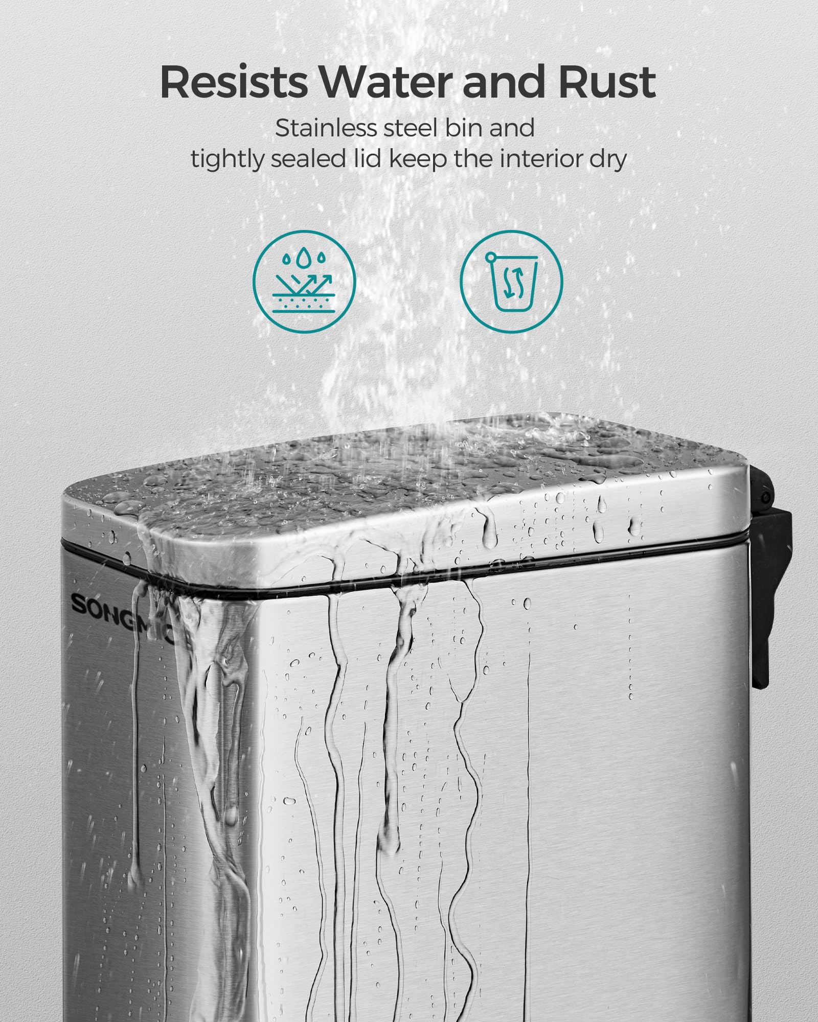 SONGMICS Bathroom Trash Can, 1.3 Gallon (5 L) Small Trash Bin with Lid, Slim for Small Spaces, Stainless Steel Garbage Can, Soft Close, Silver ULTB560E05