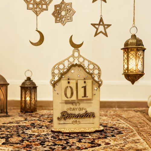 FESTGLOX Ramadan Countdown Calendar Wooden, Eid Decoration for Home, Ramadan Day Counter for Mubarak Desk Decor, Office Tabletop Centerpiece, Islamic Tabletop Mosque Design Display with Crescent Moon
