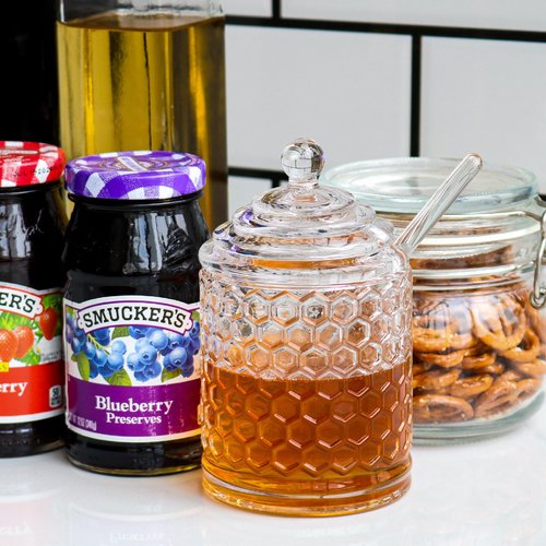 Iyulania Glass Honey Jar with Lid and Dipper, Honeycomb-Inspired Design Container, Heavy Honey Pot for Home Kitchen (10 oz)
