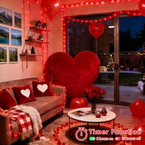 YEGUO Valentine‘s Day Lights Battery Operated, 2 Pack Each 33ft 100 LED Red String Lights Outdoor Waterproof, Clear Wire Christmas Light Indoor with Remote