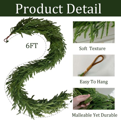 2 Pcs Christmas Garland with Lights 6 Ft, Real Touch Norfolk Pine Garland for Mantle, Christmas Decorations Indoor Outdoor for Wall Fireplace, Faux Greenery Cedar Garland Realistic for Table Decor