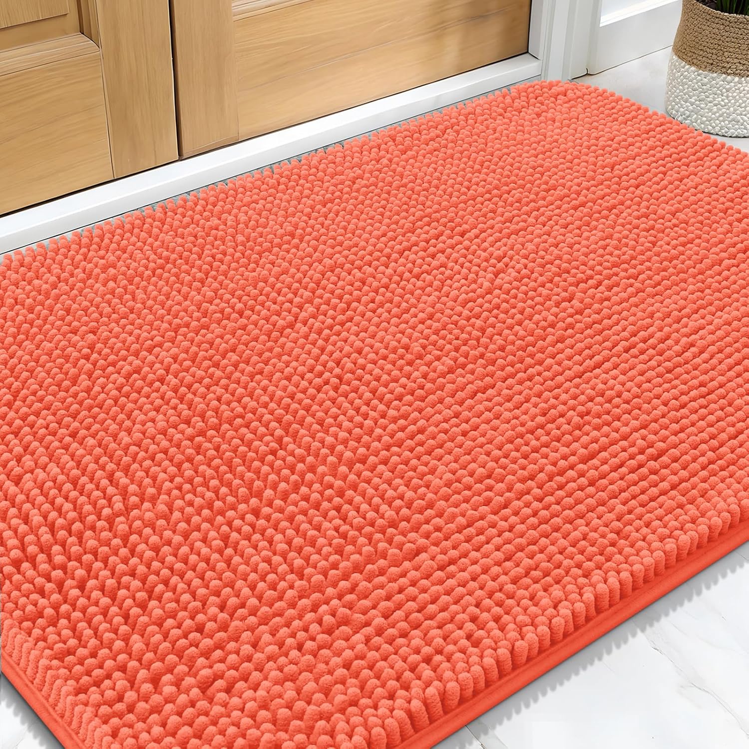 OLANLY Dog Door Mat - Absorbent Non-Slip Washable Doormat for Muddy Paws | 34x21 Coral Color