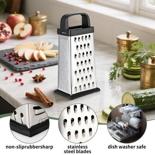 Cheese Grater, 8 IN Size 4-Sided Stainless Steel Grater, Food Shredder for Cheese, Parmesan, Vegetable, Dishwasher Safe, Black