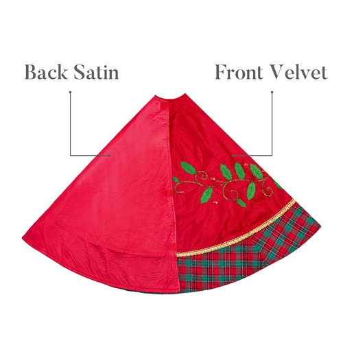 Valery Madelyn Christmas Tree Skirt for Tree Decorations, 60 Inch Traditional Red Green Gold Small Xmas Velvet Tree Skirt with Holly Leaves Pattern & Tartan Trim for Tree Merry Christmas Party Decor
