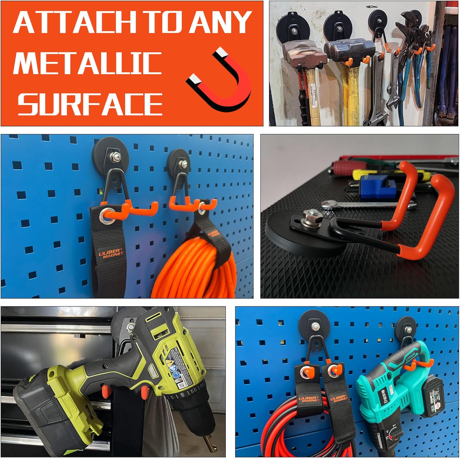 ULIBERMAGNET Heavy Duty Magnetic Garage Hooks - 10 Pack Strong Hooks for Tools & Storage | Orange