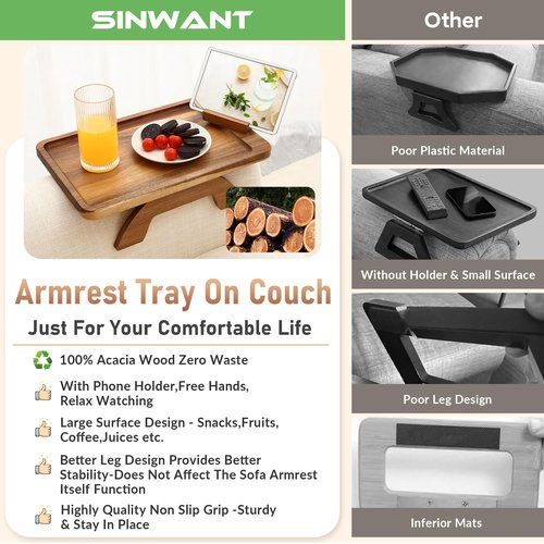 SINWANT Couch Arm Table, Acacia Wood Sofa Arm Rest Tables Couch Armrest Table with 360° Phone Holder,Portable Sofa Armrest Tray for Drink Snacks