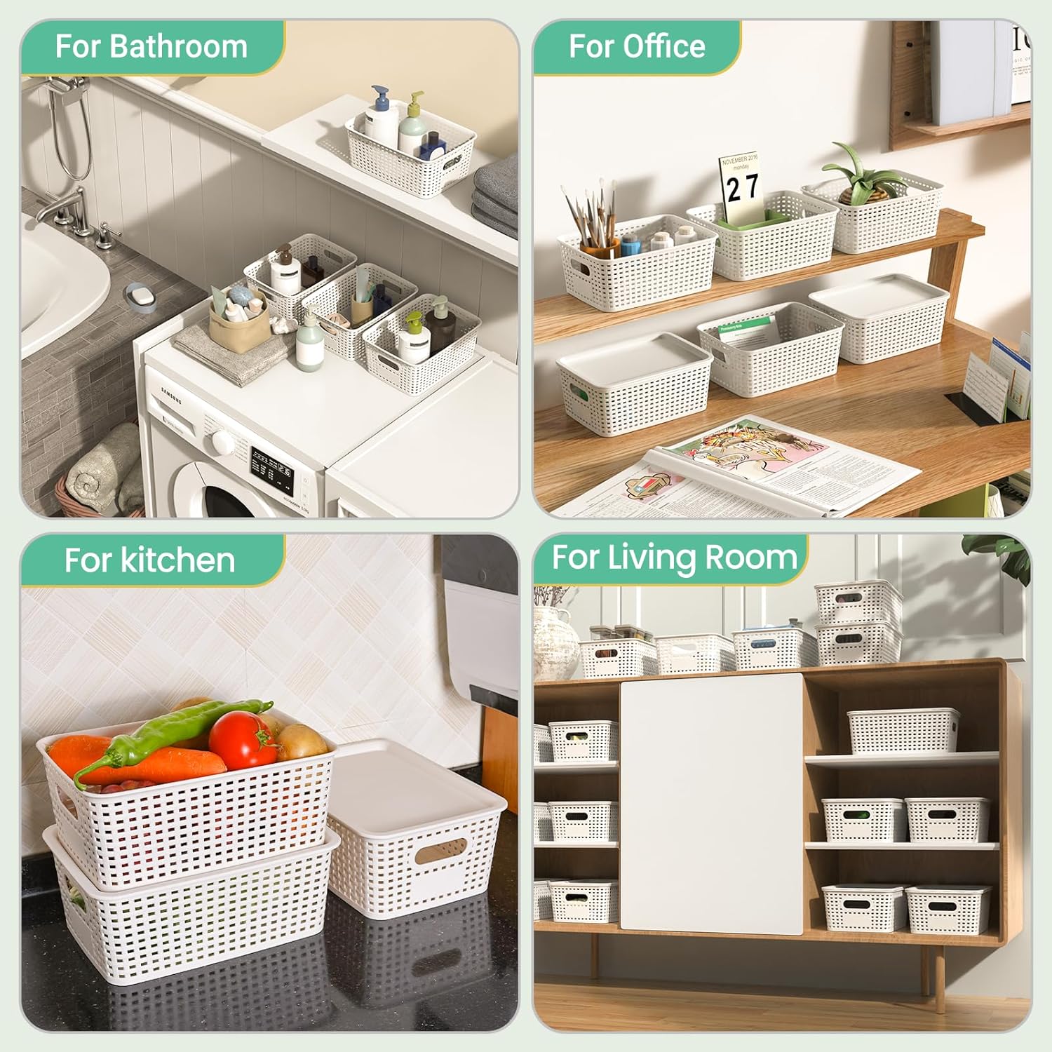 Skiennix Plastic Storage Baskets - Stackable Organizing Containers with Lids | 8 Pack - White, 10.2x7.2x4.1 Inch