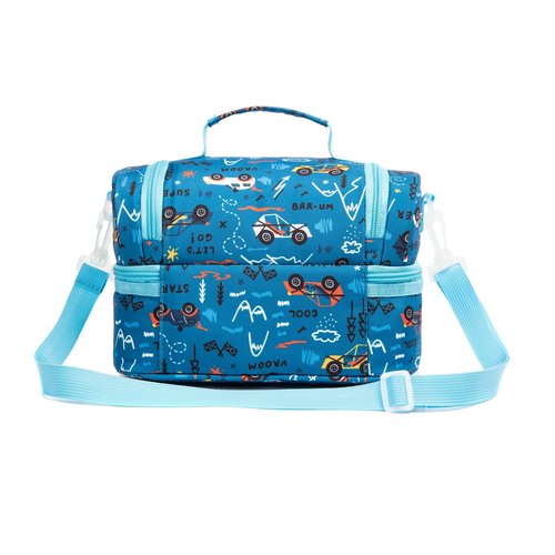 Life on track Insulated Kids Dual Compartment Lunch Bags Tote Pack for Girls Boys Toddler Kindergarten School Picnic Food Cooler Boxes with Shoulder Strap (Blue Car)