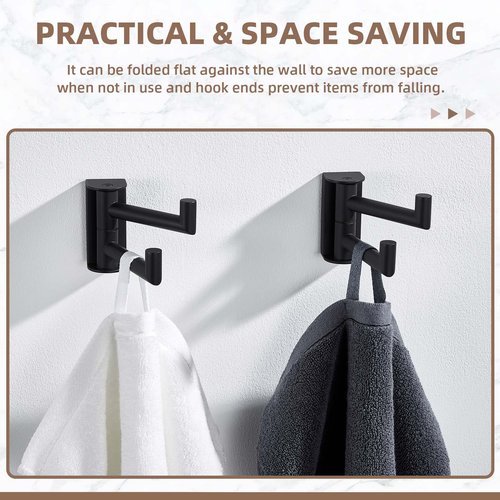 Suyar Double Towel Hook Matte Black, SUS 304 Stainless Steel Heavy Duty Wall Hook for Bathroom, Swivel Coat Holder, Towel Hanger with 2 Foldable Arms, 2 Pack