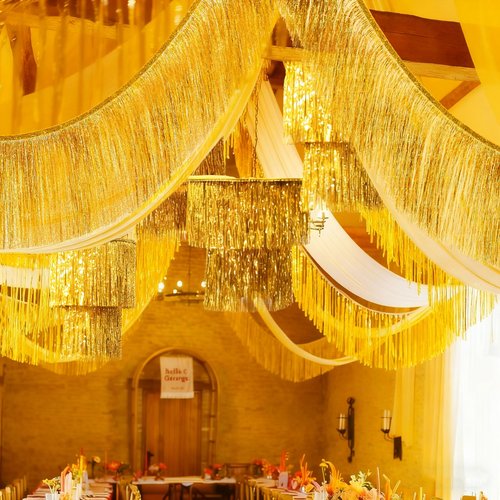 Hahafelt 6 Pcs Graduation Party Decorations 1920s 2 Tier Tinsel Chandelier Foil Fringe Tassels Trim Shiny Hanging Ceiling Fringe Banners for 1920s Disco Birthday Grad Party Props(Gold)