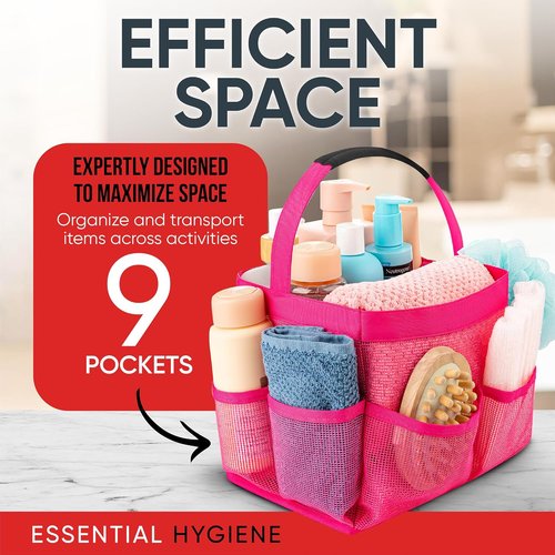 Masirs Shower Caddy - 9 Pocket Portable Organizer Tote for Travel & Gym - Collapsible Pink Bag for Toiletries