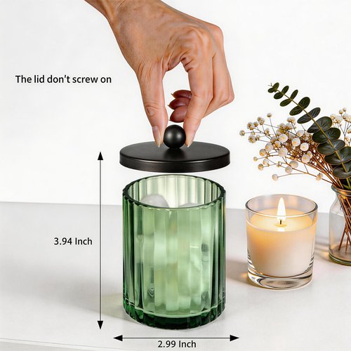 Amolliar Sage Green Glass Apothecary Jar, Qtip Holder Dispenser for Cotton Swabs, Balls, Makeup Pads, Floss Picks, Bathroom Essential Accessories, Countertop Canister Storage Organizer (Black, 2 Pack)