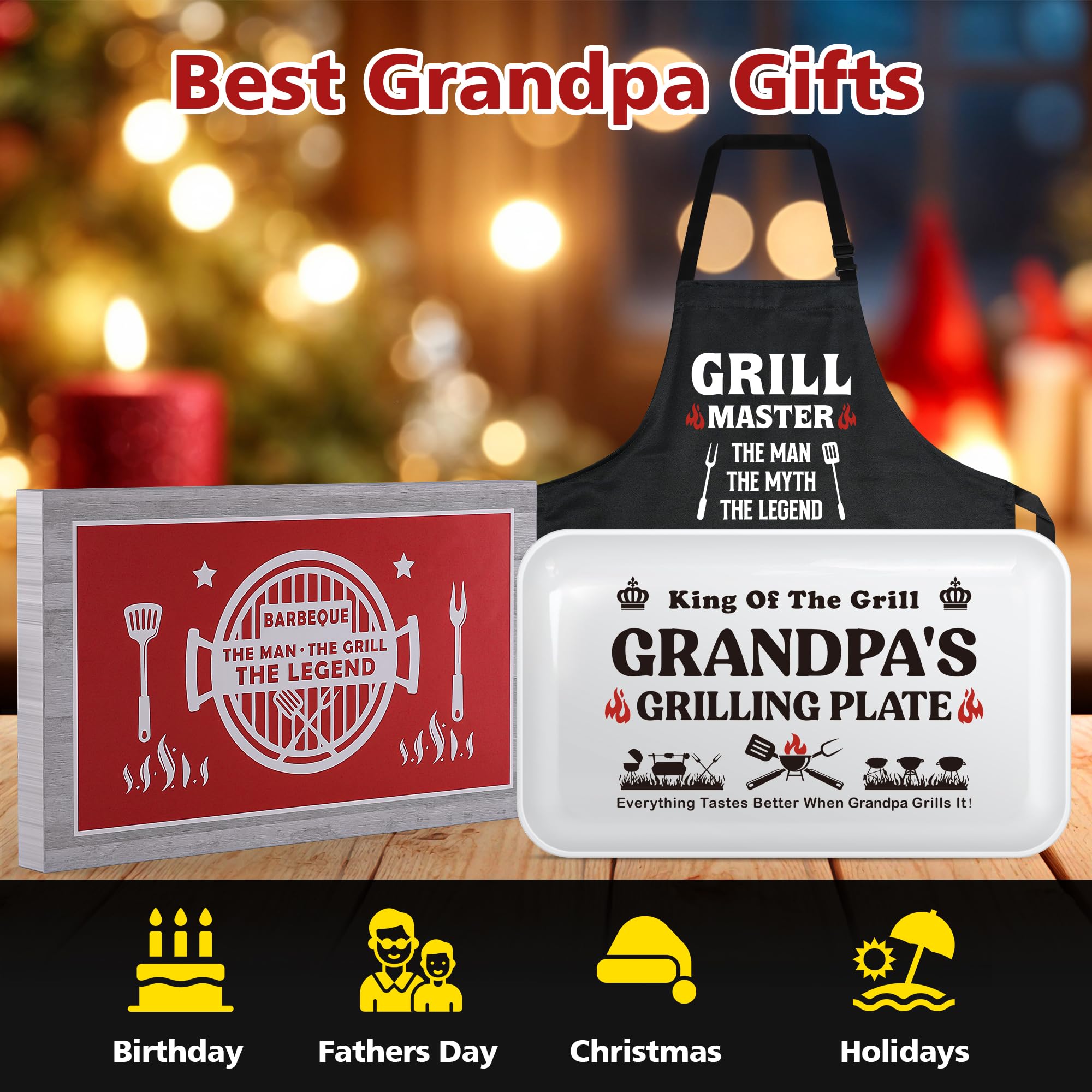 Grandpa Birthday Gifts,Best Grandpa Gifts from Grandkids,Great Papa Grandfather Grandparents Christmas Presents from Granddaughter Grandson,Funny BBQ Grilling Platter with Apron Sets for Fathers Day