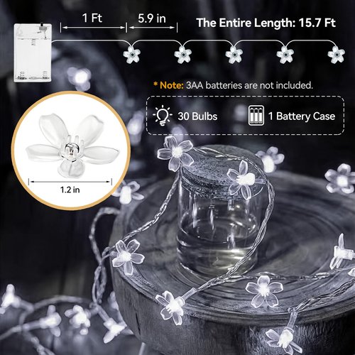 LIGHTOP Flower Fairy Light Battery Operated Indoor String Lights 30LED Cherry Blossom Lights Waterproof Decoration for Camping,Garden Fence,Birthday,Wedding Party,Bedroom （Cool White）