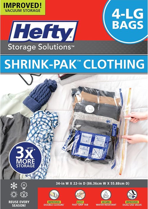 Hefty Shrink-Pak Vacuum Storage Bags - 4 Large Space Saver Bags for Clothes, Pillows & Blankets