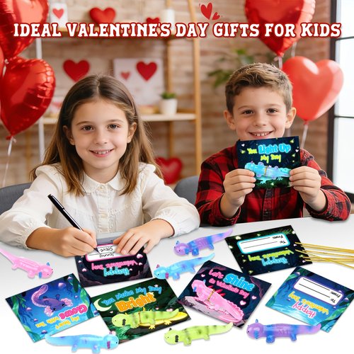 AuroTops Valentines Day Gifts for Kids,24 Pack Glow in The Dark Axolotl Toys with Valentines Day Cards for Kids School Classroom Exchange Gifts for Boys Girls Fidget Toys Bulk Kids Party Favors