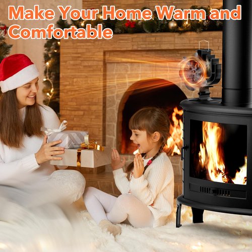 Gisam Oscillating Wood Stove Fan - 60° Left-Right Rotation, 6-Blade Heat Powered Fireplace Fan with Magnetic Thermometer, Non-Electric for Fast Warm Air Circulation