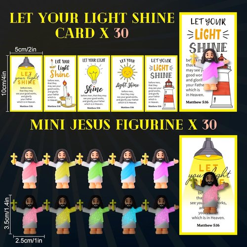 CroBlissful Mini Jesus Figurines - 30 Sets Glow in The Dark with "Let Your Light Shine" Cards | Perfect for Sunday School Party Favors