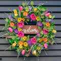 Pinkpuii Spring Wreaths for Front Door Outside – 24 Inch Artificial Tulip & Wildflower Summer Wreath with Green Eucalyptus Leaves and Welcome Sign- Indoor Outdoor Farmhouse Home Porch Wall Decor
