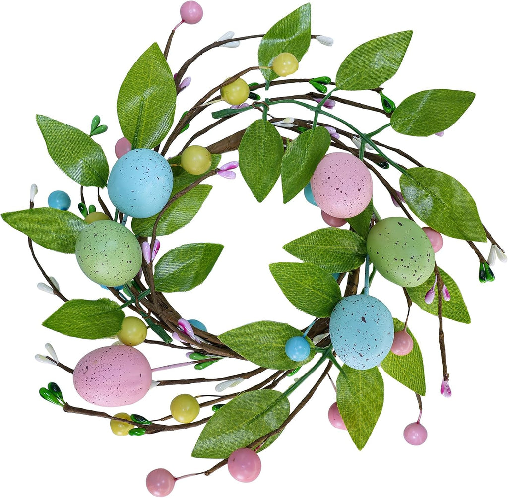 Winlyn Easter Egg Candle Rings - 4 Pcs Spring Wreaths with Pastel Eggs & Foliage | 11" Holiday Decor