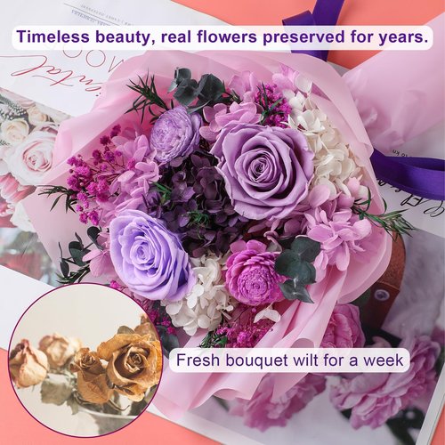 HOTKBO Flowers for Delivery,Preserved Flowers Bouquets - 4 Eternal Purple Roses that Last 2-3 Years,Forever Flowers Gifts for Women Mom Wife, Mothers Day Valentines Anniversary Home Decor