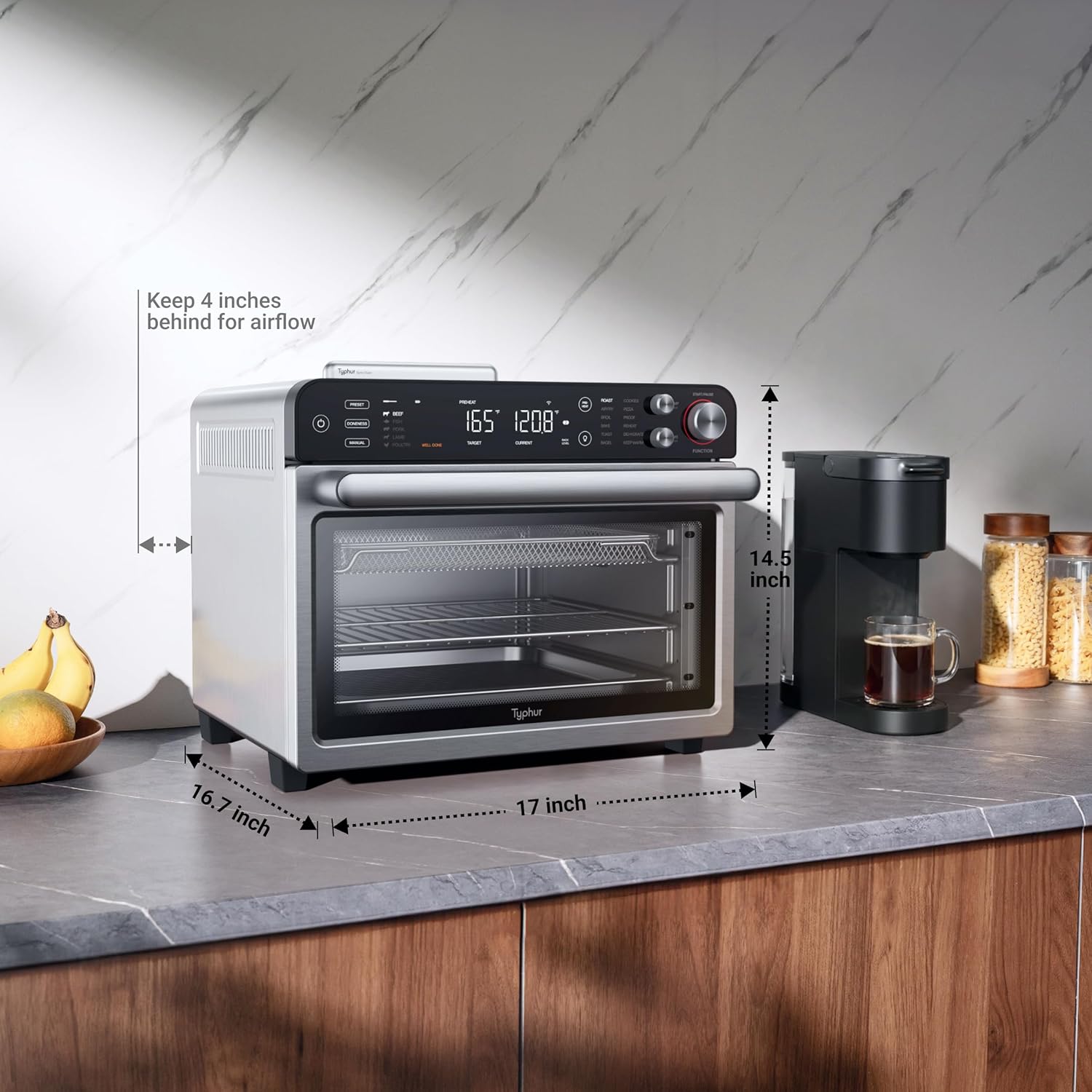 Typhur Sync Oven - 12-in-1 Countertop Air Fryer Toaster Oven Combo | Smart AI Wireless Meat Thermometer, 27QT, Stainless Steel