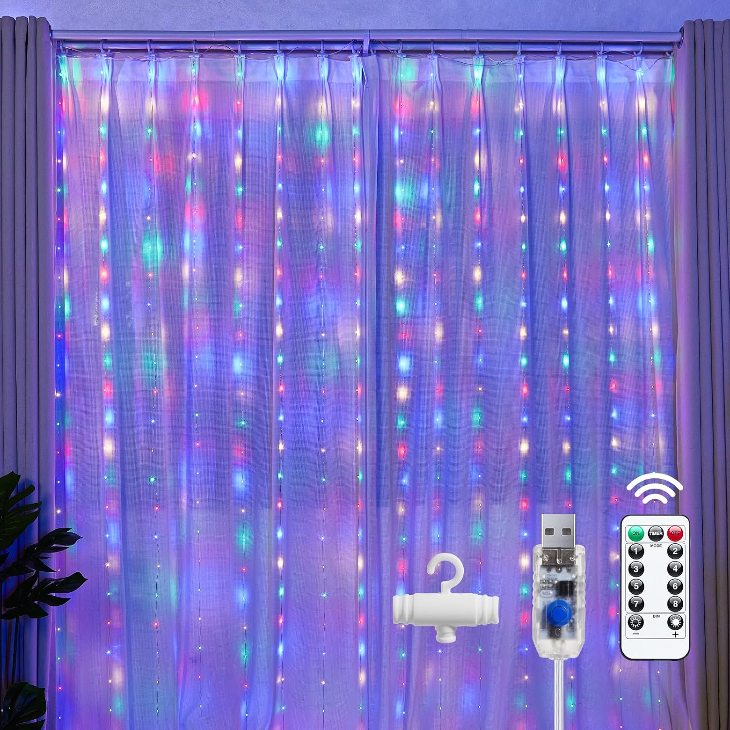 Brightown 300 LED Fairy Curtain Lights - USB Plug with 8 Lighting Modes | Multicolor Indoor Decor for Weddings & Bedrooms