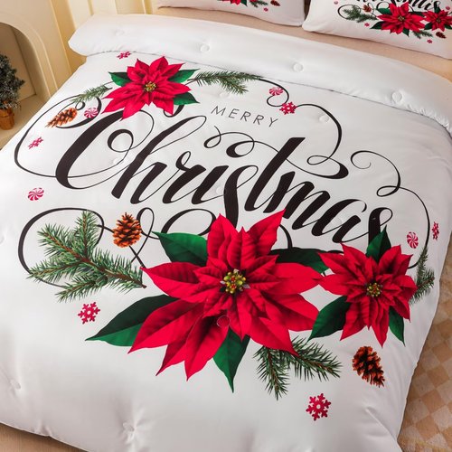 GRAT TIOC Christmas Comforter Queen,Xmas Bedding Set Set,Red Poinsettia Flowers Comforter Merry Christmas Bed Bedroom Set Home Decor for Kids Girls Women White