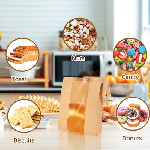 EUVBOKW 120 Pcs Bread Bags for Homemade Bread Sourdough,Large Kraft Paper Storage Bags with Window and Tin Tie Tab Lock,120 Sealing Stickers(13.7x8.3x3.7 In) (120)