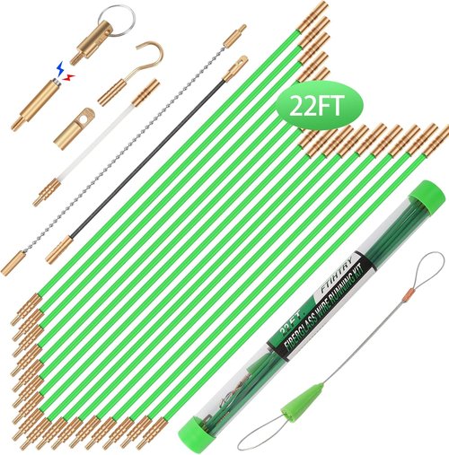 FTIHTRY 22FT Fiberglass Electrical Wire Pulling Glow Rods - Complete Kit with 8 Attachments