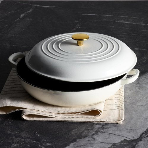 CAROTE Enameled Cast Iron Braiser Pan - 3.4QT Non-Toxic Dutch Oven with Lid & Dual Handles | White