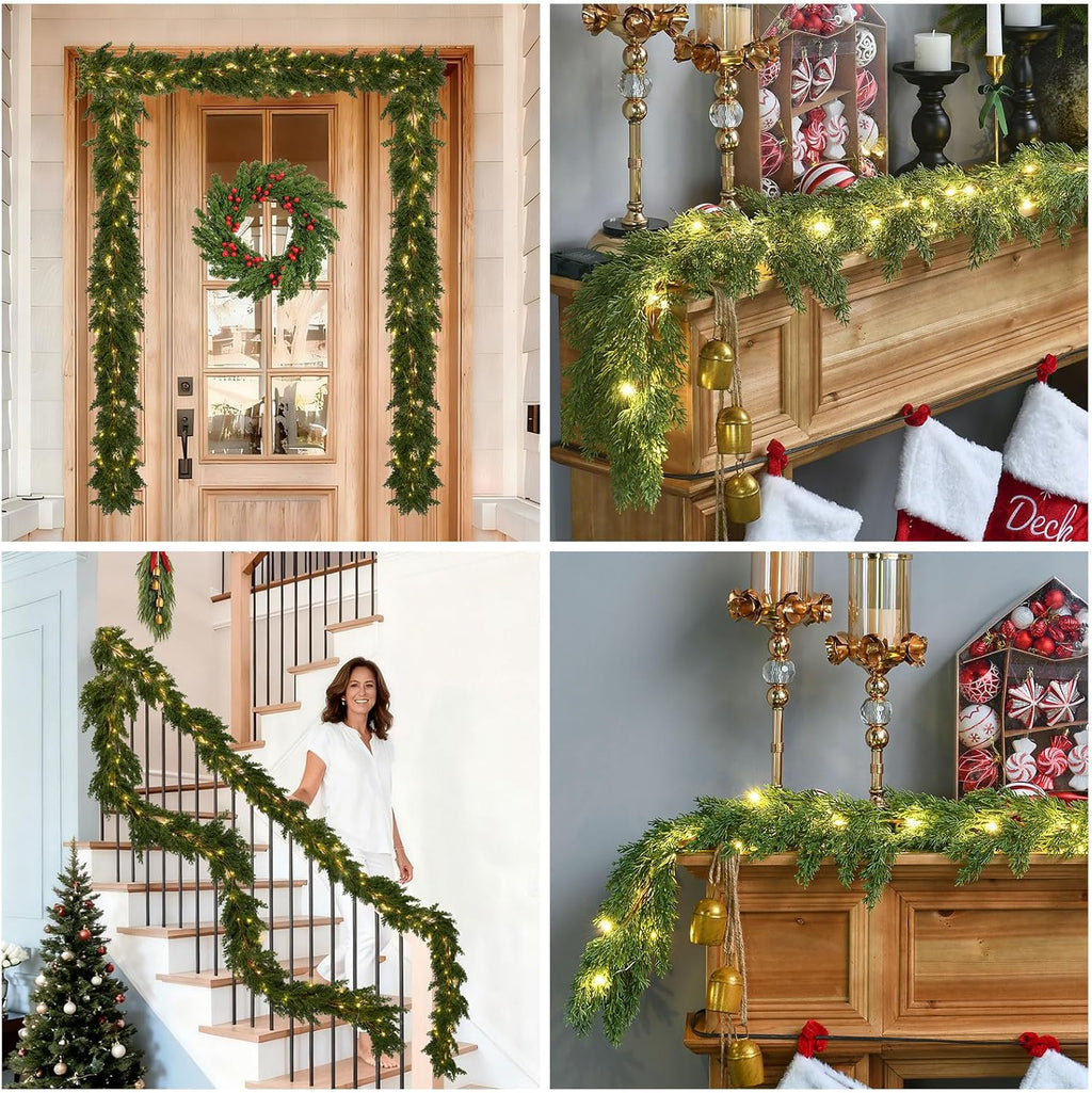 Skiennix Christmas Garland - 3PCS 6.2FT Lush Greenery with Lights | Real Touch Cedar & Soft Pine Branches for Indoor/Outdoor Decor