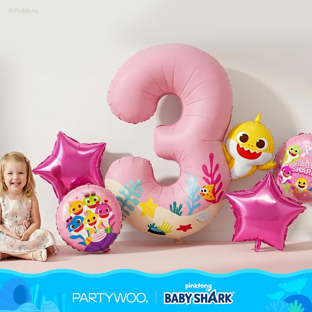 PartyWoo Baby Shark Pink Foil Number 3 Balloon - 5pcs 18-Inch Round Mylar Helium Birthday Decor