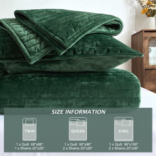 Luxury Velvet Quilt Set Queen Size 3 Pieces，Soft Cozy Oversized Striped Velvet Comforter Set with 2 Pillow Shams，Lightweight Coverlet Bedspread Bedding Set for All Seasons(Forest Green,90"x96")